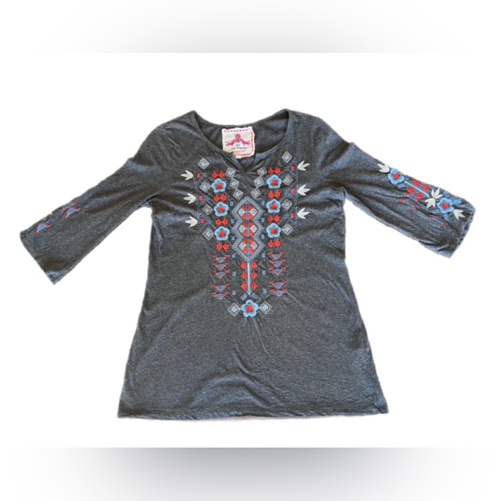 Johnny Was Joy Love Light Womens Small Embroidered Gray Boho Hippie Top